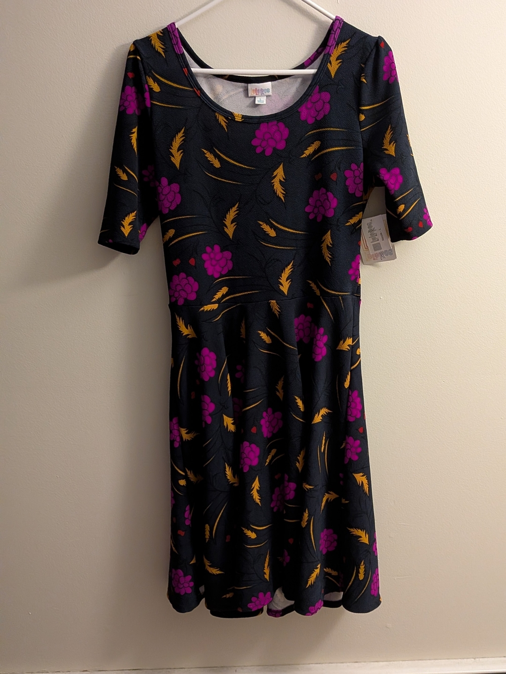 LuLaRoe Black Midi Dress with Purple Floral & Gold Accents